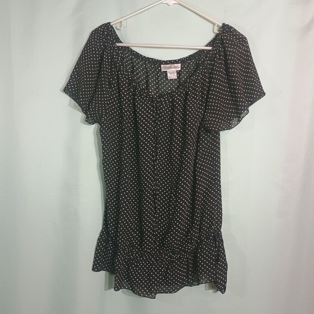 Women’s Black & White Polka Dot Flutter Sleeve Blouse – Flowy Scoop Neck Top